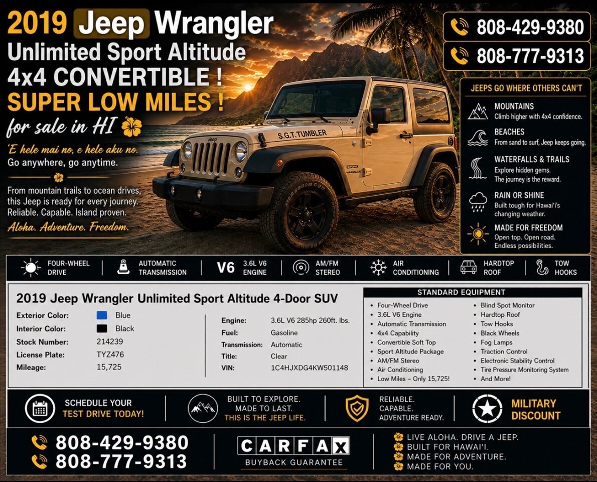 2017 Jeep Wrangler Sport  4X4 ANOTHER RARE FIND ! LIFE IN HAWAII ! - Photo 1 - Honolulu, HI 96818