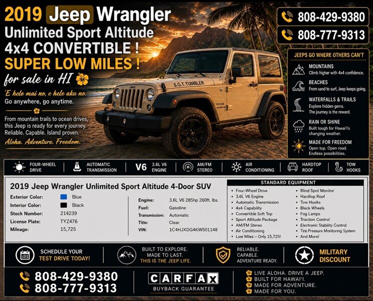 2017 Jeep Wrangler Sport  4X4 ANOTHER RARE FIND ! LIFE IN HAWAII !