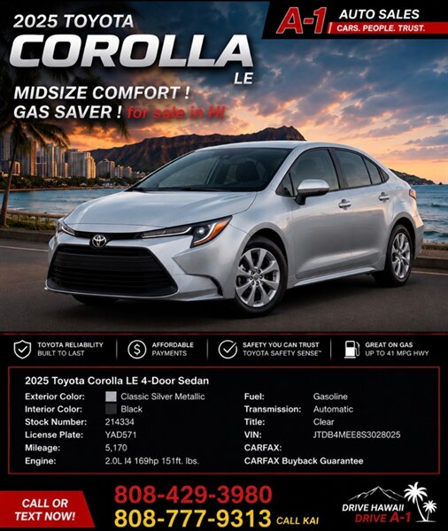 2025 Toyota Corolla LE  MIDSIZE COMFORT ! GAS SAVER !