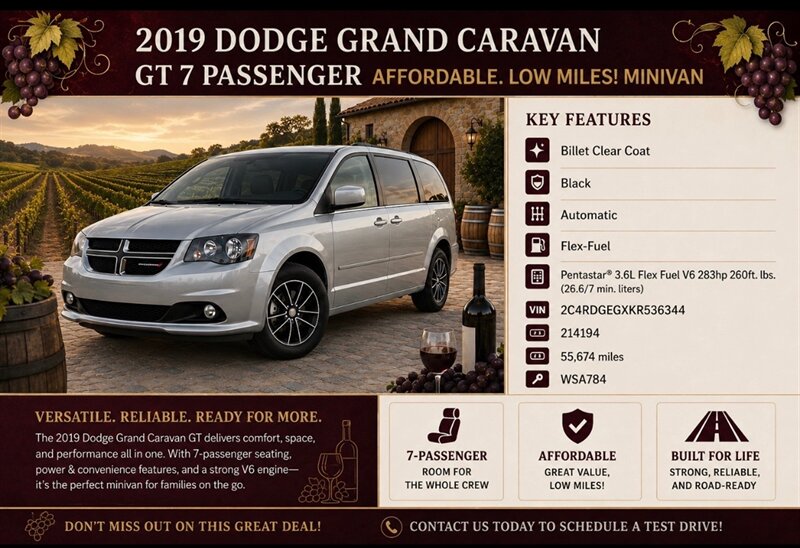 2019 Dodge Grand Caravan GT  7 PASSENGER  AFFORDABLE. LOW MILES!