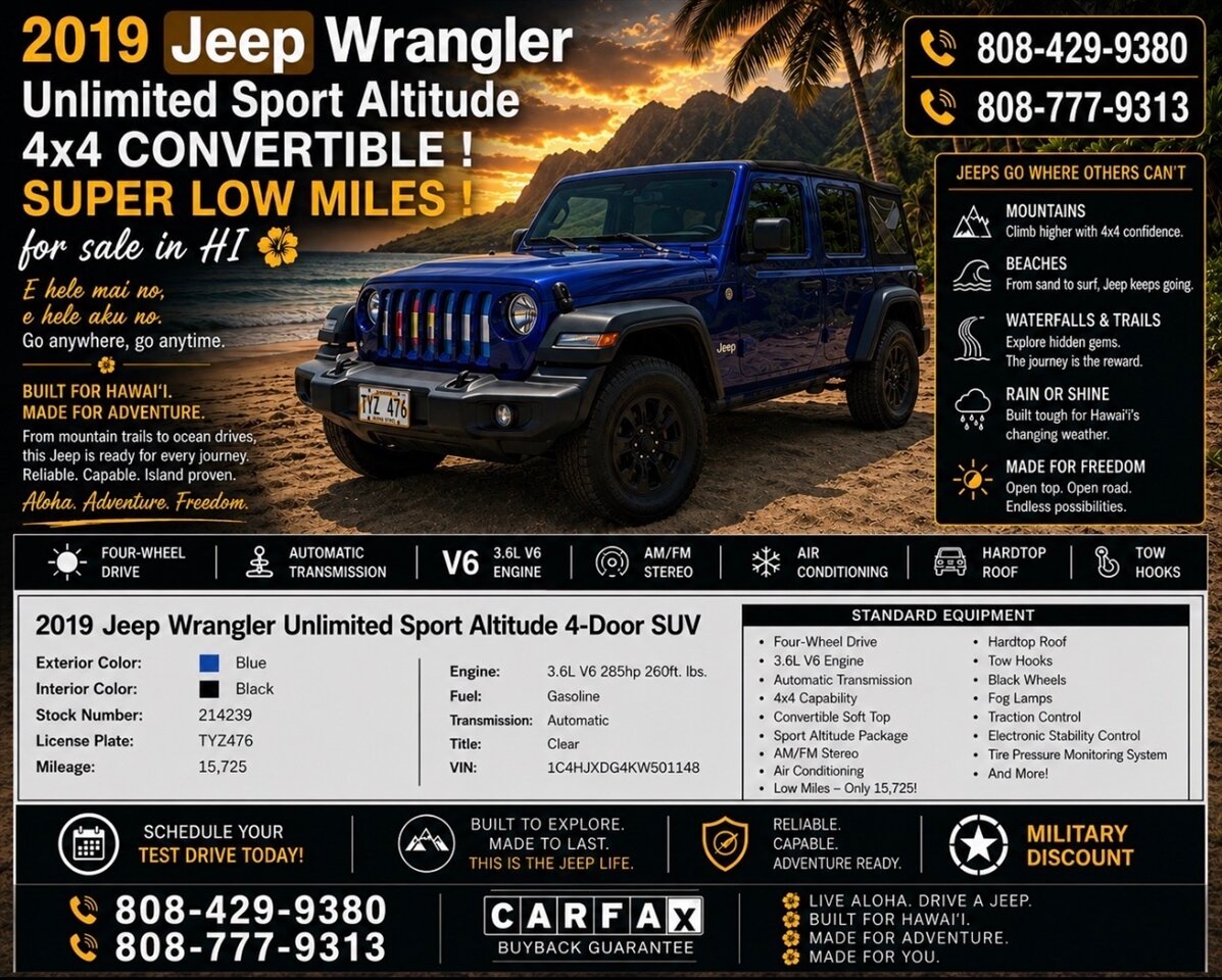 2019 Jeep Wrangler Unlimited Sport Altitude  4x4 CONVERTIBLE ! SUPER LOW MILES ! - Photo 1 - Honolulu, HI 96818