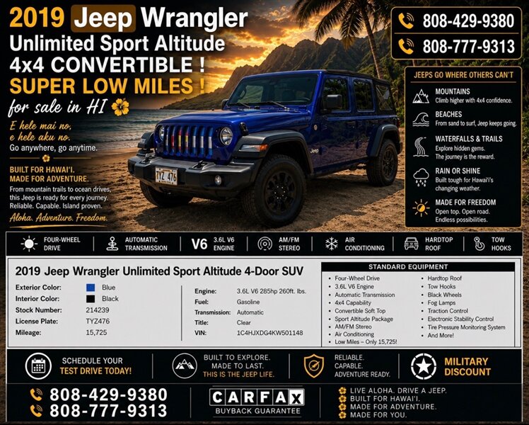2019 Jeep Wrangler Unlimited Sport Altitude  4x4 CONVERTIBLE ! SUPER LOW MILES !