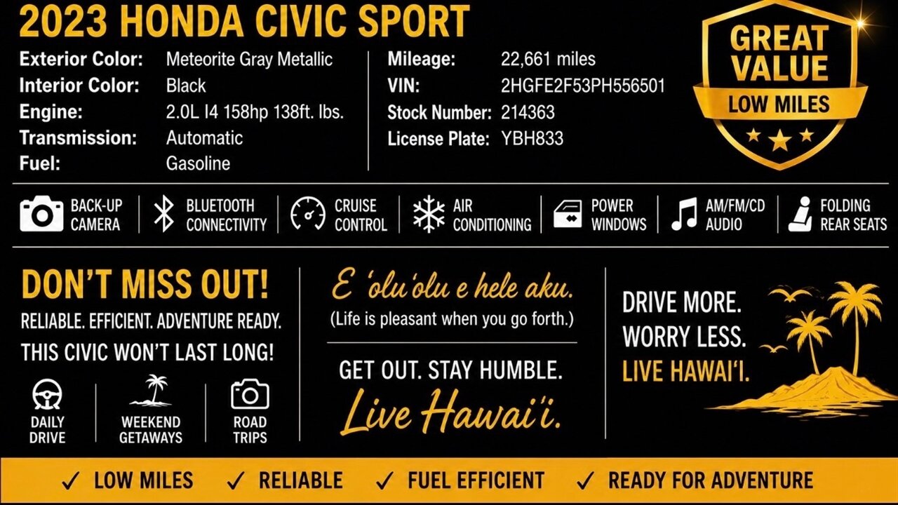 2023 Honda Civic Sport HONDA QUALITY BUILT ! RELIABLE & AFFORDABLE GAS SAVER ! - Photo 3 - Honolulu, HI 96818