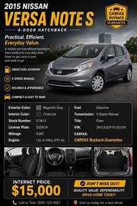 2015 Nissan Versa Note S  GAS SAVER! HARD TO FIND ! SUPER LOW MILES !!! Hatchback