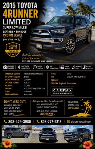 2015 Toyota 4Runner Limited. SUPER LOW MILES ! LEATHER SUNROOF CROWN JEWEL - Photo 2 - Honolulu, HI 96818
