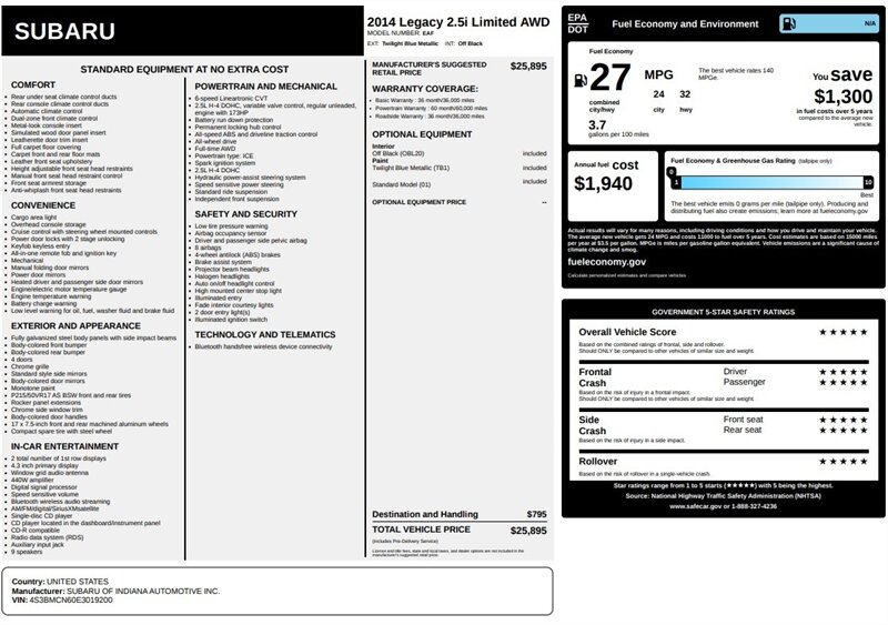 2014 Subaru Legacy 2.5i Limited  