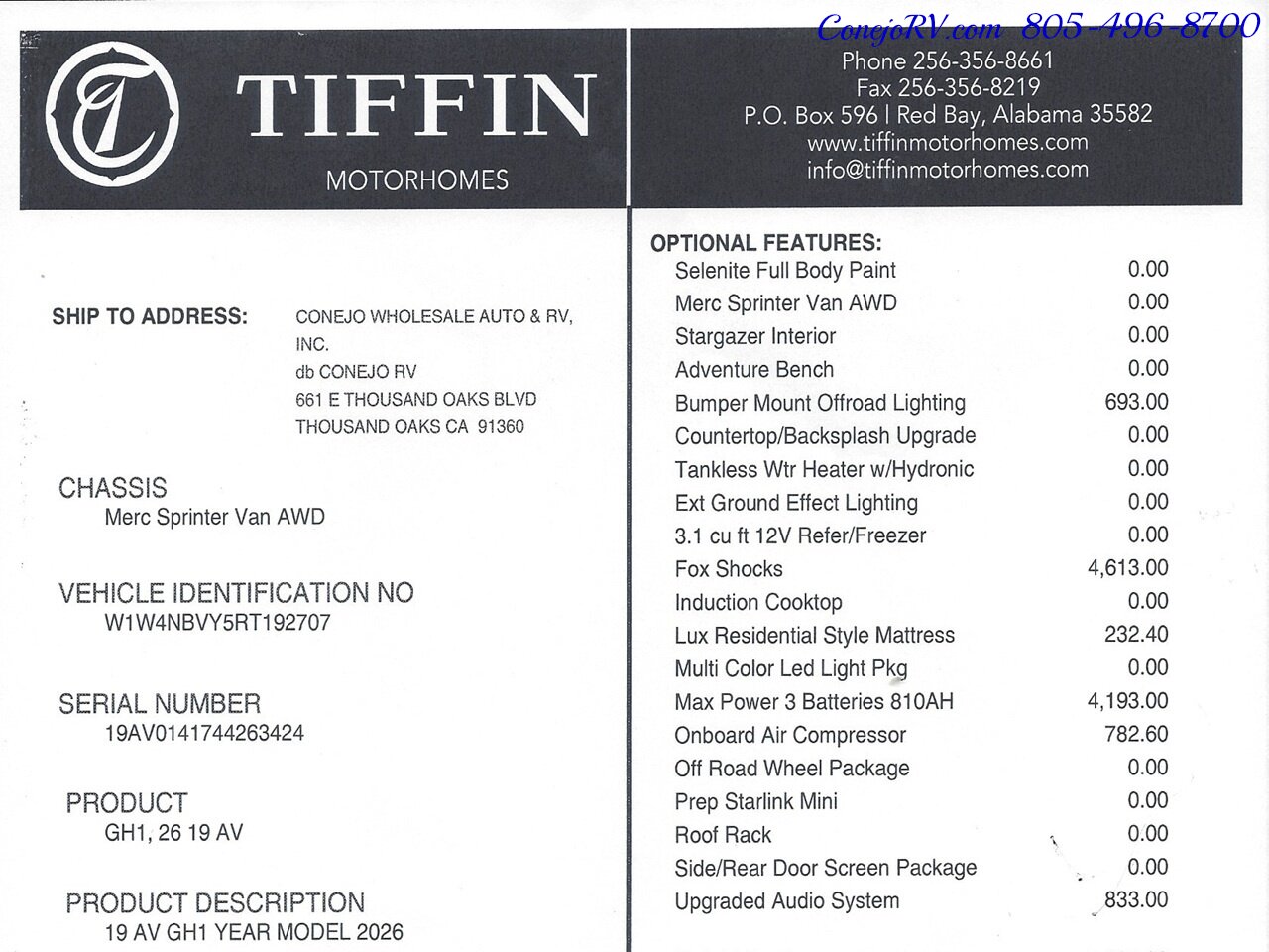 2026 Tiffin GH1 AWD Sprinter Mercedes Turbo Diesel Work Station  810AH Battle Born Lithium Ion Kit - Photo 47 - Thousand Oaks, CA 91360