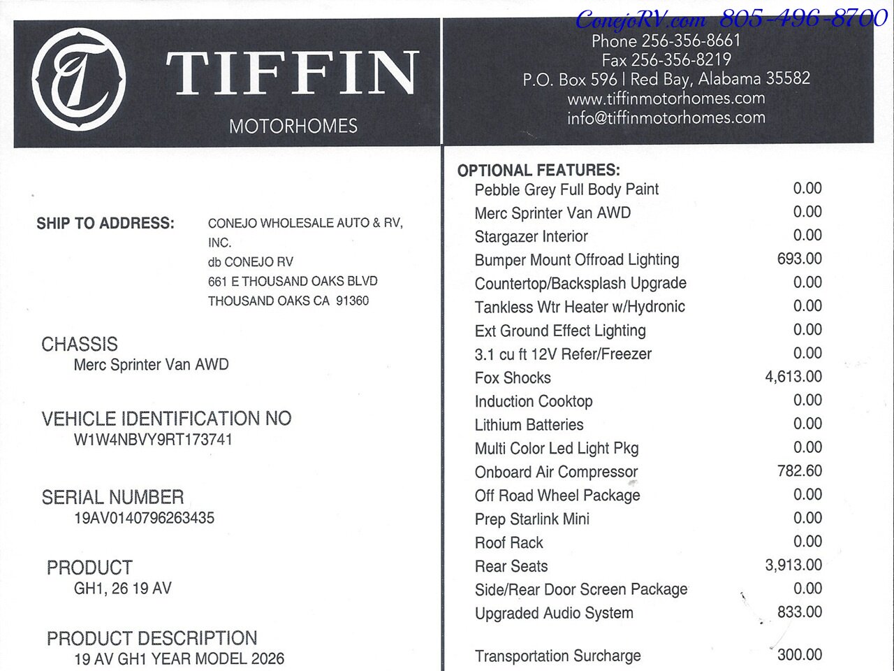 2026 Tiffin GH1 AWD Sprinter Mercedes Turbo Diesel 540AH Battle  Born Lithium Ion Kit - Photo 46 - Thousand Oaks, CA 91360