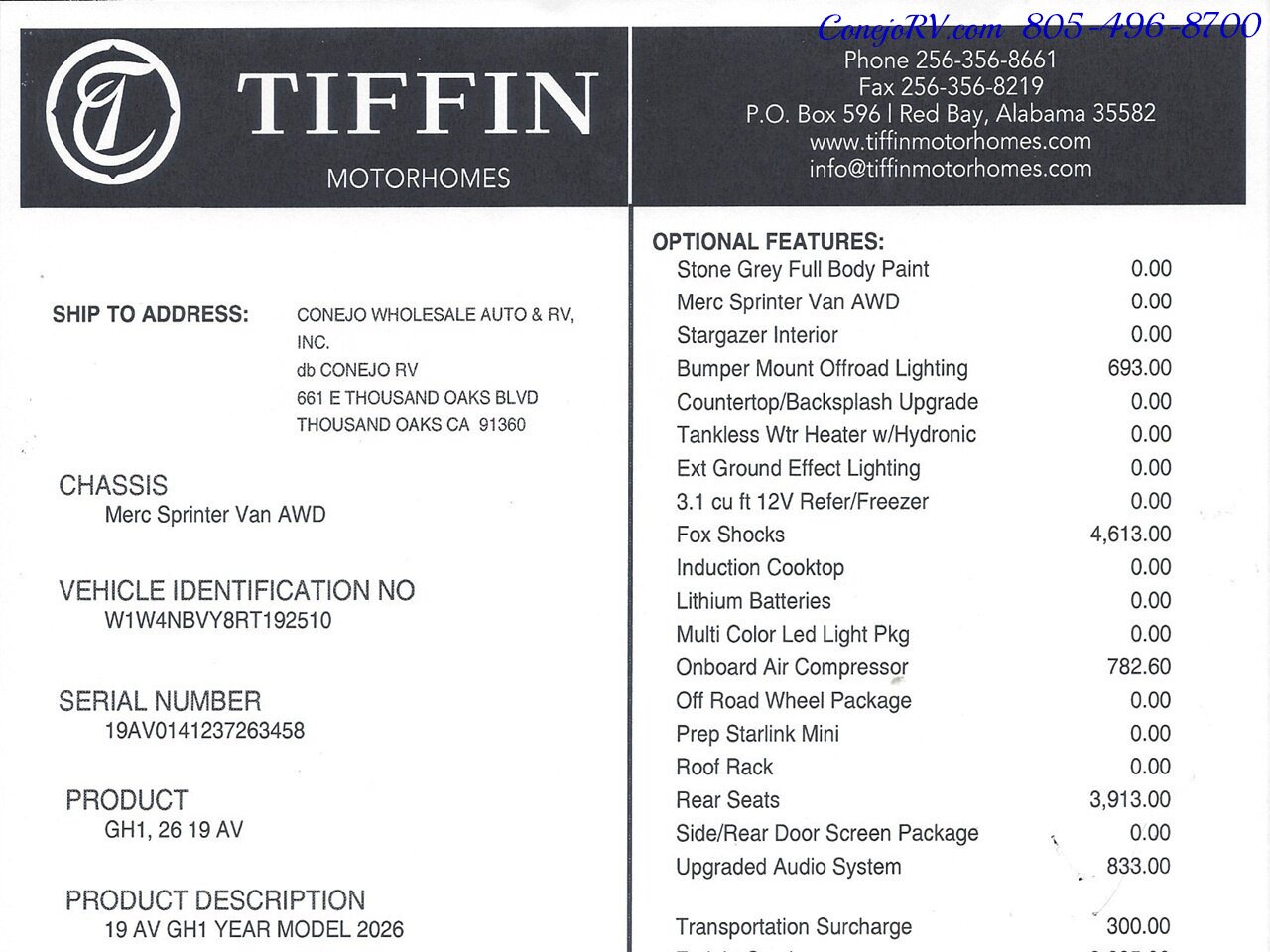 2026 Tiffin GH1 AWD Sprinter Mercedes Turbo Diesel  540AH Battle Born Lithium Ion - Photo 51 - Thousand Oaks, CA 91360