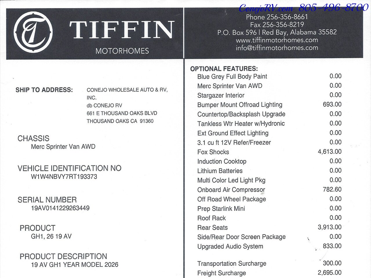 2026 Tiffin GH1 AWD Sprinter Mercedes Turbo Diesel 540AH Battle  Born Lithium Ion Kit - Photo 48 - Thousand Oaks, CA 91360