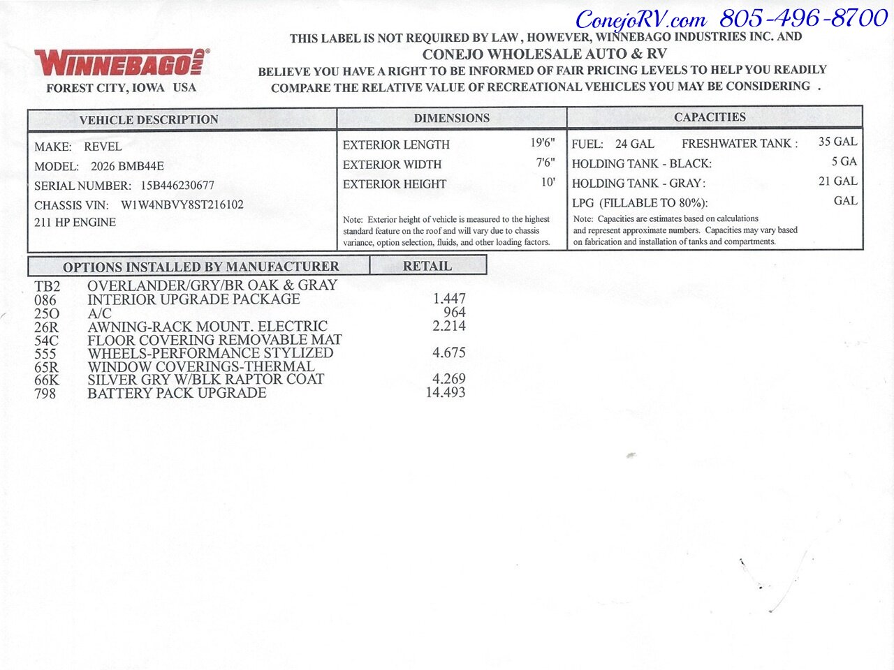 2026 Winnebago Revel 44E 2.5-2 AWD Sprinter Mercedes Turbo Diesel  16.8KWH Lithionics System Dealer Demo 4K Miles - Photo 44 - Thousand Oaks, CA 91360