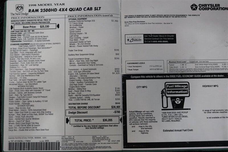 1998 Dodge Ram 2500 Laramie SLT 1-OWNER* SHORT BED* ALL SERVICE RECORDS SINCE NEW W/ ORIGINAL WINDOW STICKER* NEW 33 " BFG KO3 10-PLYS* NEVER HAD 5TH WHEEL OR GOOSE NECK* COOLANT & AC SERVICE* NEW STEERING BOX - Photo 88 - Portland, OR 97230