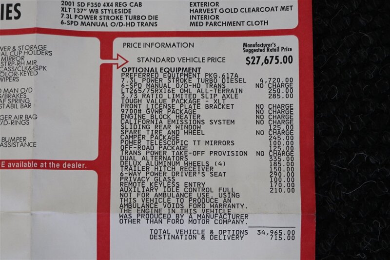 2001 Ford F-350 Lariat  6-SPEED* 1-CALIFORNIA OWNER* 100% RUST FREE* NEW 2.5 " LEVEL W/BILSTEIN 5100 SHOCKS* NEW 35 " BFG KO3s* FACTORY PTO* POWER INVERTER* LEATHER* ALL BOOKS-KEYS-WINDOW STICKER* COLLECTOR GRADE - Photo 93 - Portland, OR 97230