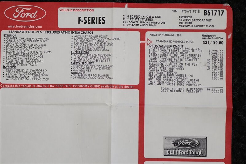 2001 Ford F-350 XLT  1-OWNER* 100% RUST FREE* NEW 2.5 " BILSTEIN LEVEL KIT* NEW 35 " TOYO'S 10-PLYS* FULL SERVICE W/ NEW FLUIDS-FILTERS-AC SERVICE-DOOR LOCKS* ALL ORIGINAL BOOKS-WINDOW STICKER-SERVICE RECORDS - Photo 92 - Portland, OR 97230