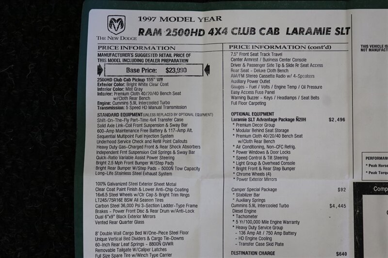 1997 Dodge Ram 2500 Laramie SLT  1-OREGON OWNER* 100% RUST FREE* PERFECT DASH* 5-SPEED MANUAL 5.9L CUMMINS* LINEX BED LINER* PACBRAKE* PROTECH HEADEACH RACK* 33 " COOPER 10-PLYs W/ NEW BLACK ROCK WHEELS* ALL BOOKS-MANUALS-KEY - Photo 93 - Portland, OR 97230