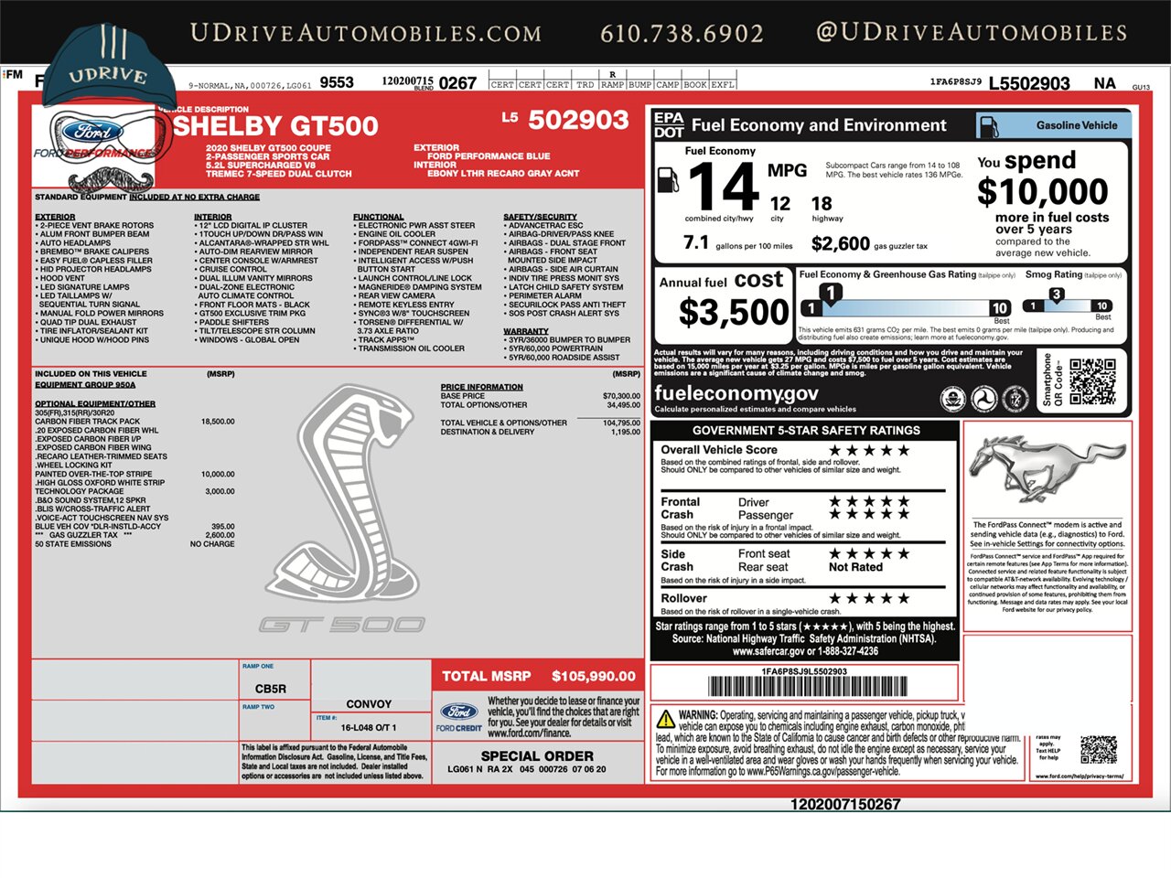 2020 Ford Mustang Shelby GT500  Carbon Fiber Track Pack White Over The Top Stripe Teck Pkg 250  Miles - Photo 1 - West Chester, PA 19382