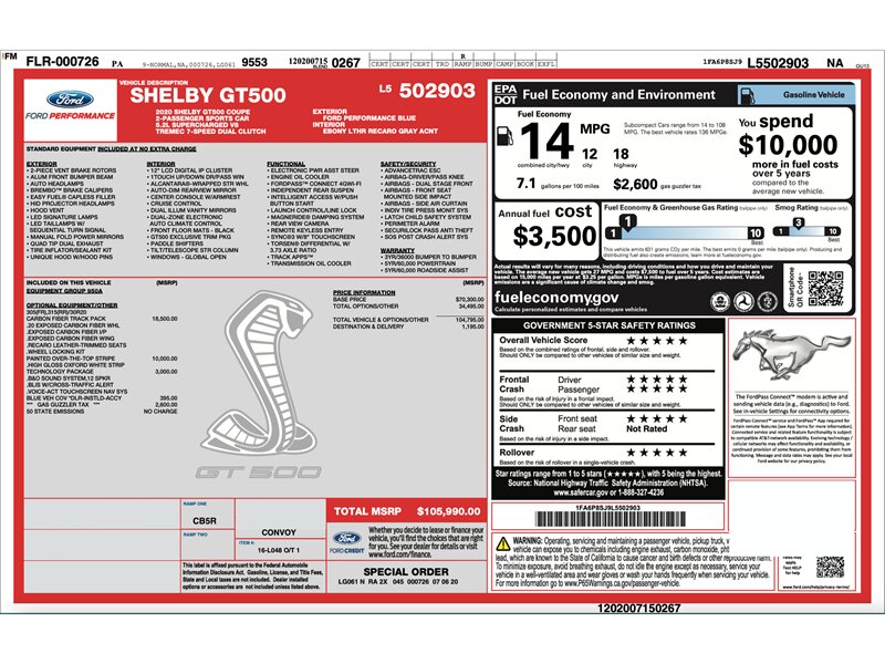 2020 Ford Mustang Shelby GT500  Carbon Fiber Track Pack White Over The Top Stripe Teck Pkg 250  Miles