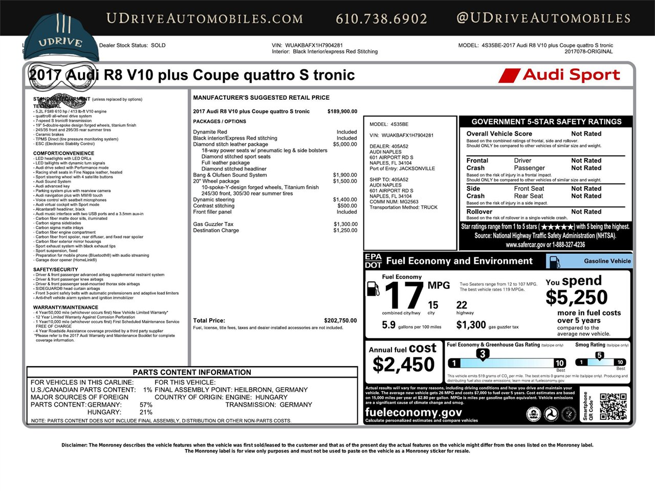 2017 Audi R8 5.2 quattro V10 Plus Diamond Stitched Lthr Pkg B&O Sound 20in Whl Pkg Dynamic Steeer Contrast Stitch - Photo 1 - West Chester, PA 19382