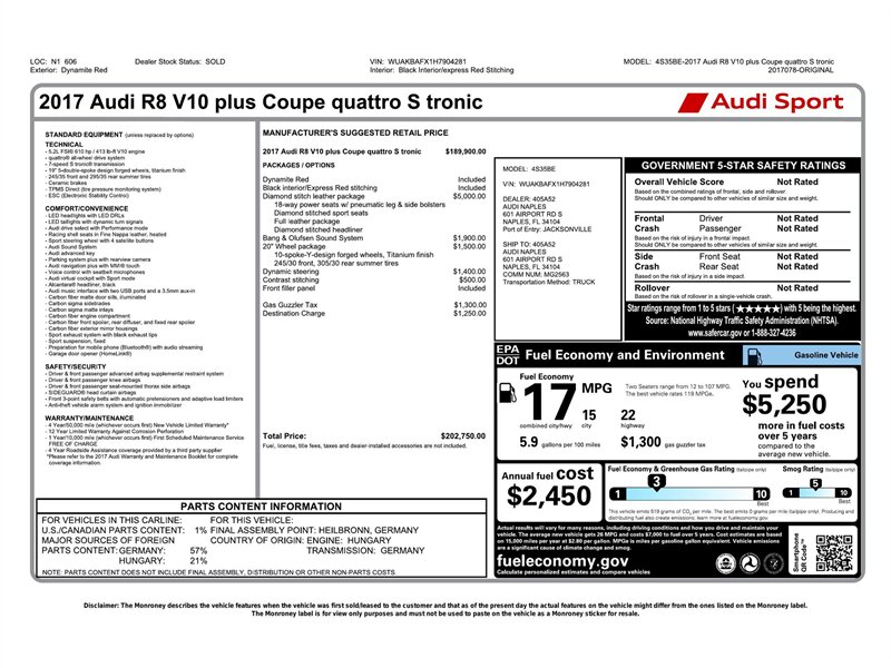 2017 Audi R8 5.2 quattro V10 Plus  Diamond Stitched Lthr Pkg B&O Sound 20in Whl Pkg Dynamic Steer Contrast Stitch