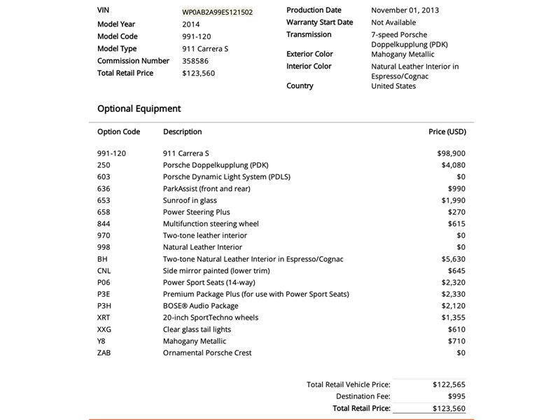 2014 Porsche 911 Carrera S  991 Rare Color Prem Pkg Plus 20in Sport Techno Whls PDLS Clear Tails