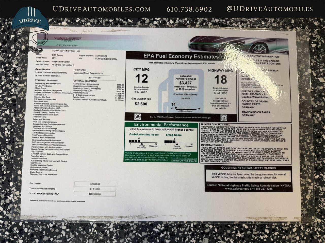 2011 Aston Martin DBS Coupe  7k Miles 1 Owner 2+2 Seating 10 Spoke Diamond Turned Whls Original MSRP $290k - Photo 55 - West Chester, PA 19382
