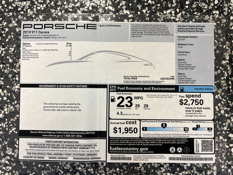 2019 Porsche 911 Carrera  7 Speed Manual 7k Miles Sport Seats Sunroof Delete Driver Spec