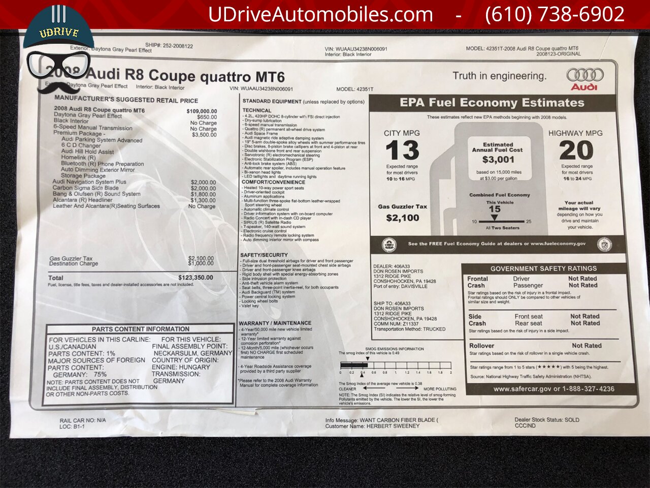 2008 Audi R8 6 Speed Manual 6k Miles Prem Pkg Carbon Blades  B&O Audio Service History $123,350 MSRP - Photo 50 - West Chester, PA 19382