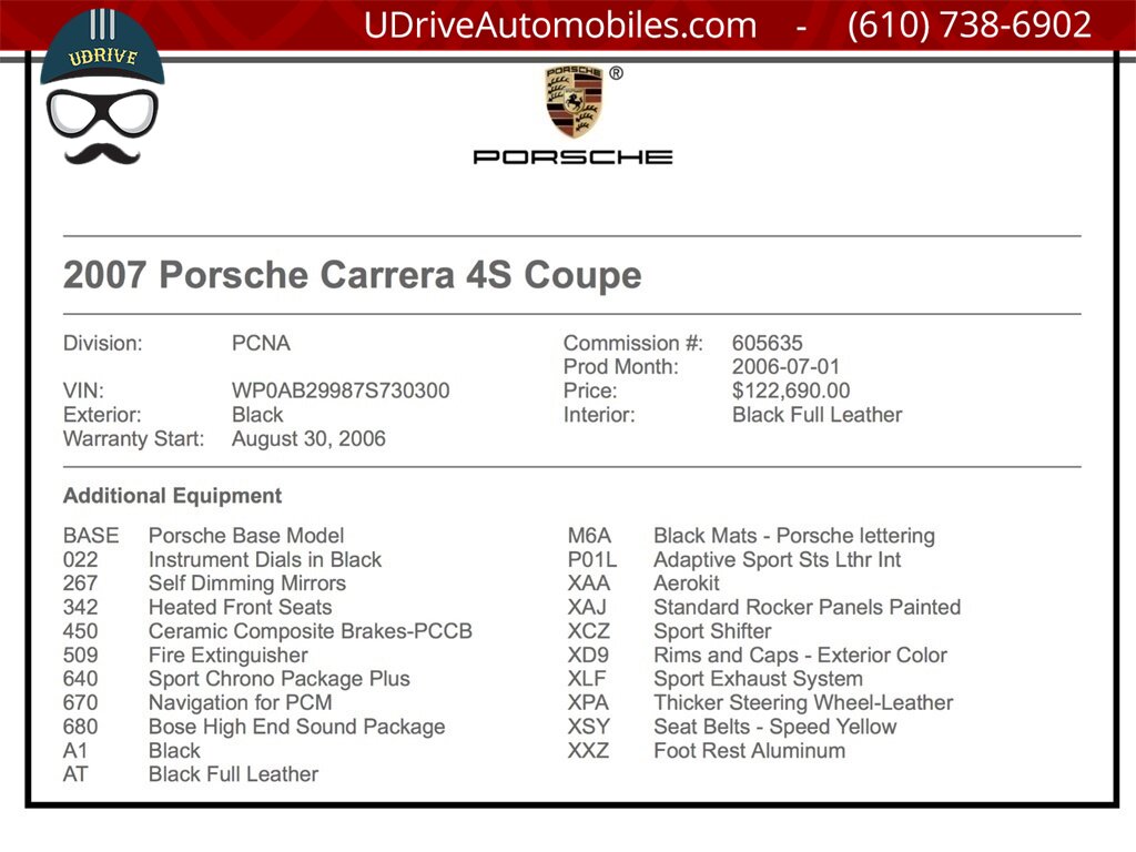 2007 Porsche 911 C4S Aerokit 6 Sp PCCB Adap Sport Sts Chrono PSE  $122k MSRP Sport Shifter Full Lthr Yellow Belts 1 of a Kind - Photo 2 - West Chester, PA 19382