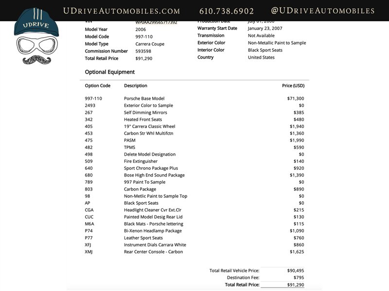 2006 Porsche 911 Carrera  Paint to Sample Maritime Blue 6 Speed Chrono Sport Seats Carbon Fiber Full PPF