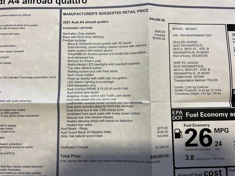 2021 Audi A4 Allroad Quattro Prestige 45 TFSI  1 Owner Bang and Olufsen Virtual Cockpit Top View Camera Park System Plus Vent Seats Warranty