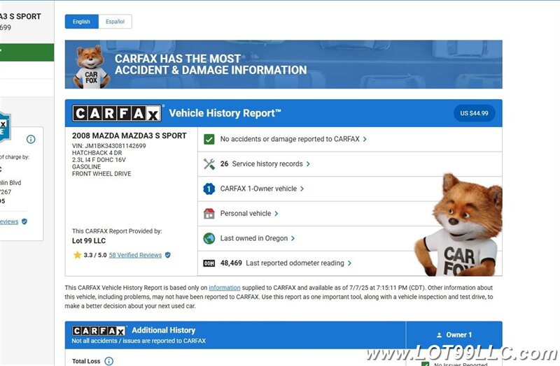2008 Mazda MAZDA3 S Sport 1-Owner **49k Miles **