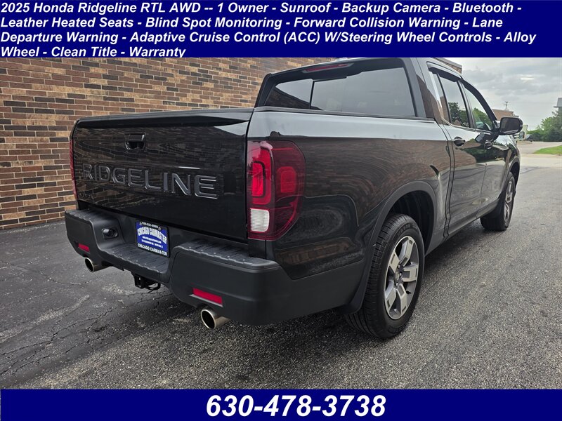2025 Honda Ridgeline RTL AWD -- 1 Owner - Sunroof - Backup Camera -  Bluetooth - Leather Heated Seats - Blind Spot Info System - Alloy Wheel - Clean Title - Warranty