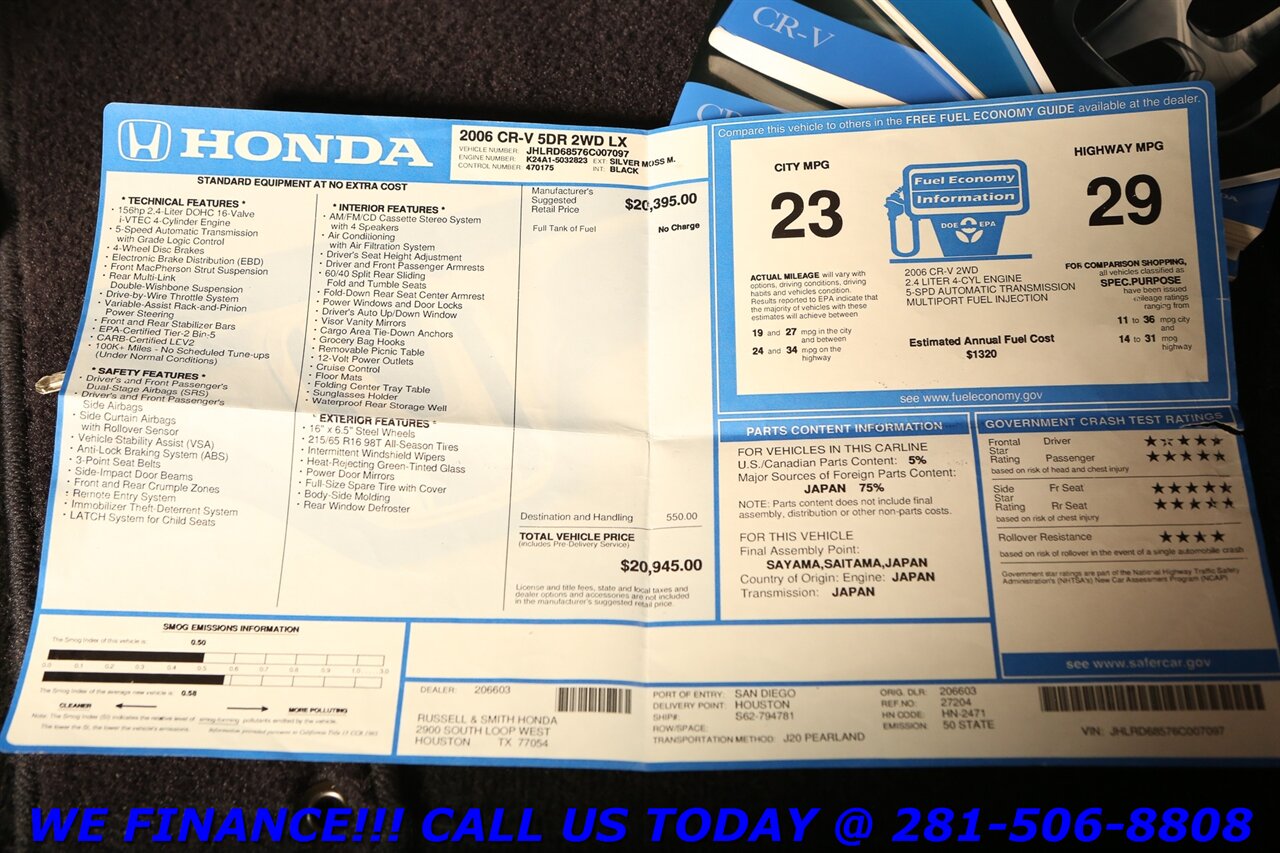 2006 Honda HONDA CRV LX PICNIC TABLE 16 "ALLOY ROOF RAILS 49K LOW MILES   - Photo 27 - Houston, TX 77031