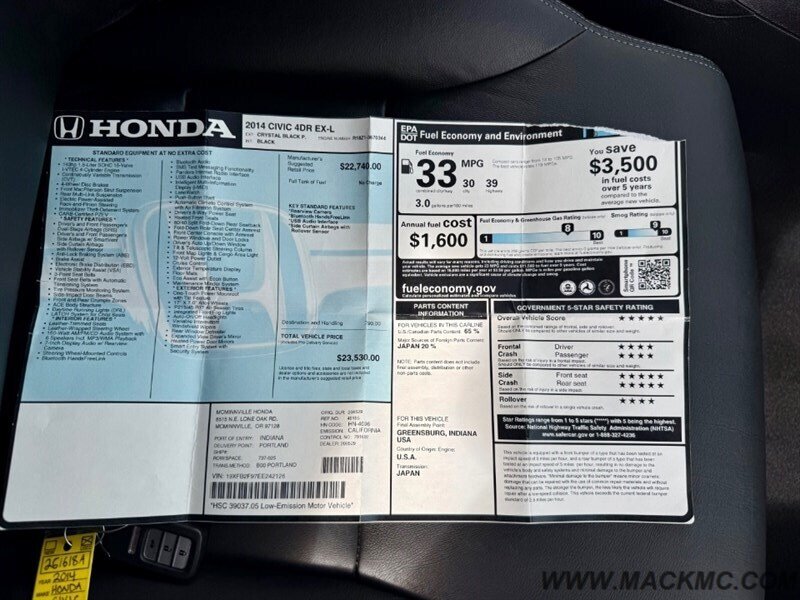 2014 Honda Civic EX-L 1-Owner 68K Low Miles Back Up Camera   - Photo 12 - Hillsboro, OR 97123