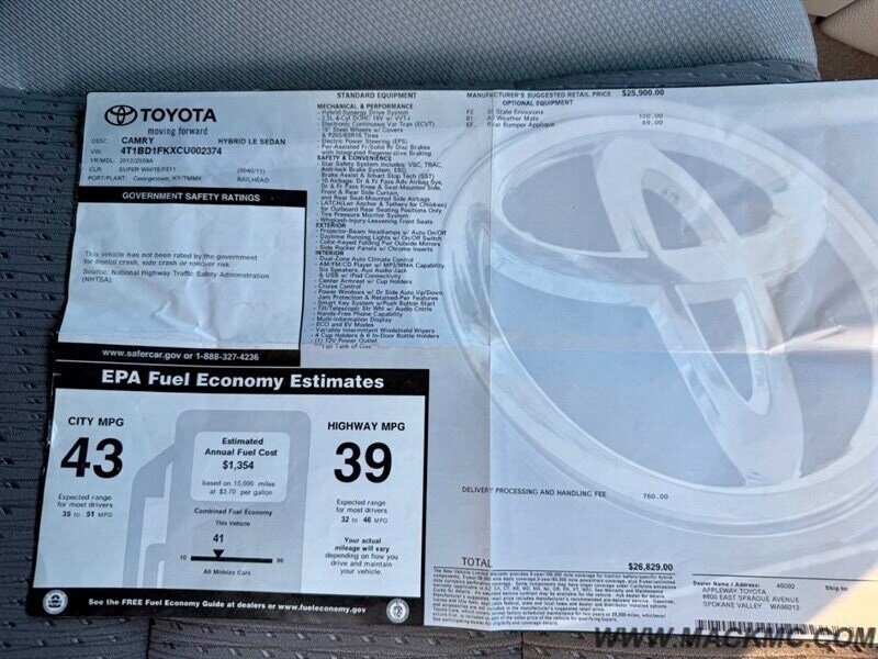 2012 Toyota Camry Hybrid LE 1 Owner 39MPG   - Photo 26 - Hillsboro, OR 97123