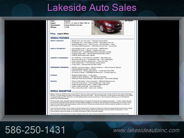 2016 Chevrolet Cruze Limited 1LT Auto RS Sunroof - Photo 15 - Clinton Township, MI 48036